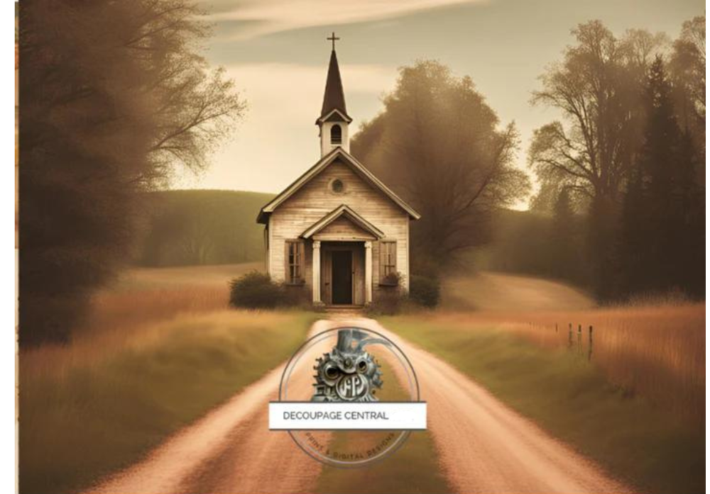 Country church on dirt road. A4 size Decoupage Paper from Decoupage Central for DIY Crafts and mixed media art.
