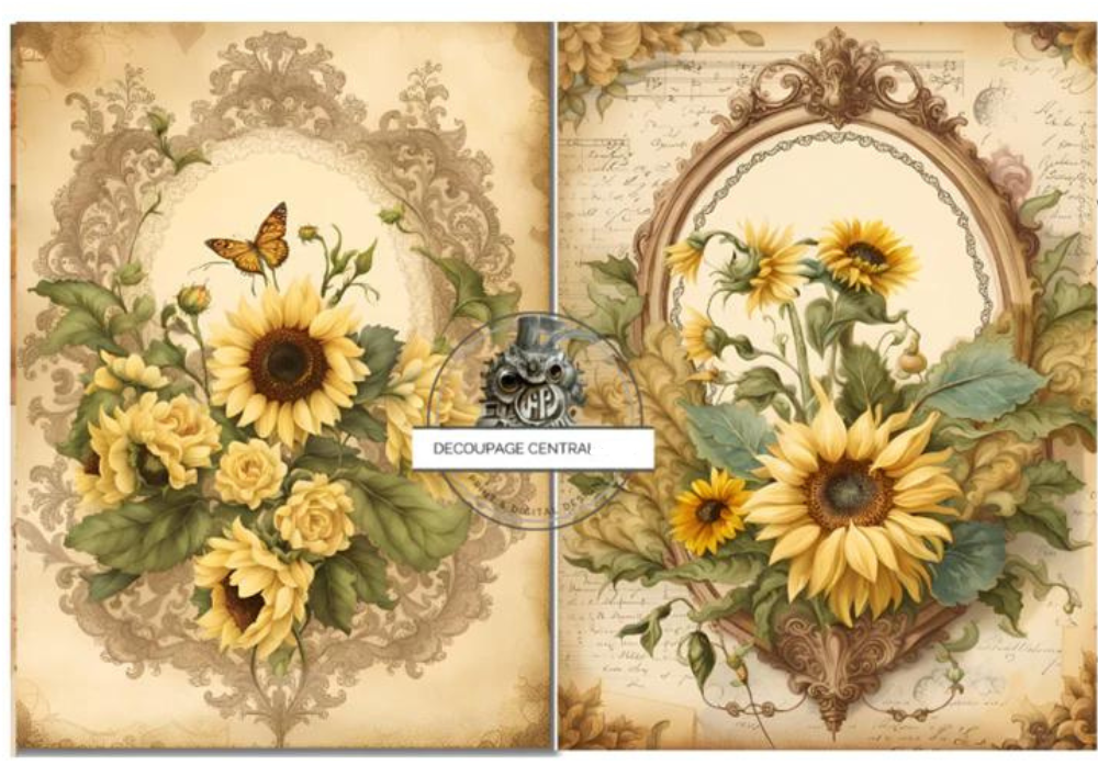 Two scenes of sunflowers in frames. A4 size Decoupage Paper from Decoupage Central for DIY Crafts and mixed media art.