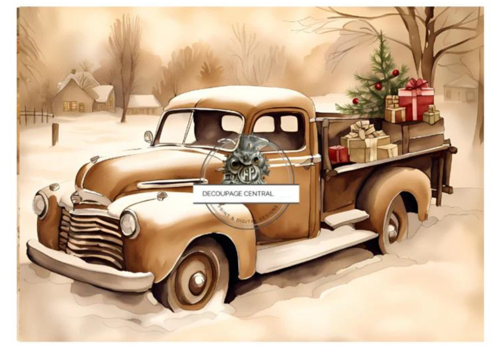 An orange sepia truck carrying christmas presents in snow. A4 size Decoupage Paper from Decoupage Central for DIY Crafts and mixed media art.
