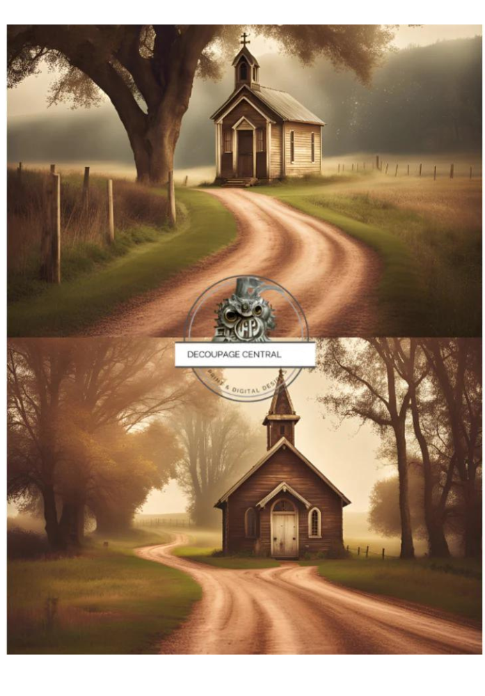 2 scenes of church on country road. A4 size Decoupage Paper from Decoupage Central for DIY Crafts and mixed media art.