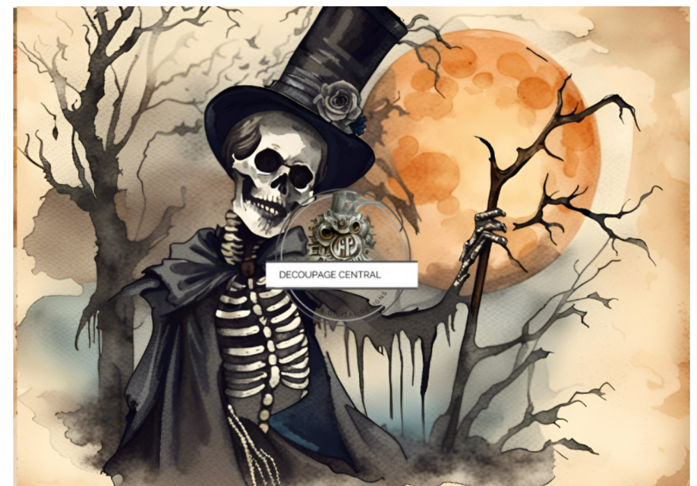 Halloween scene with skeleton in top hat and orange moon. A4 size Decoupage Paper from Decoupage Central for DIY Crafts and mixed media art.