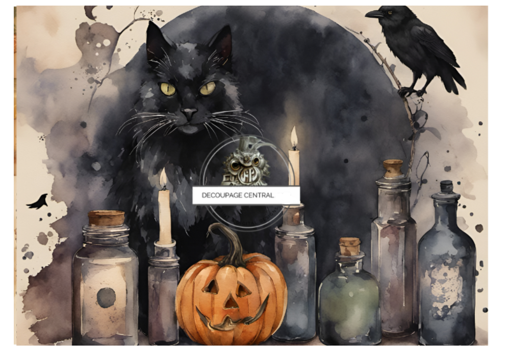 Halloween scene with pumpkin, candles, cat, crow. A4 size Decoupage Paper from Decoupage Central for DIY Crafts and mixed media art.