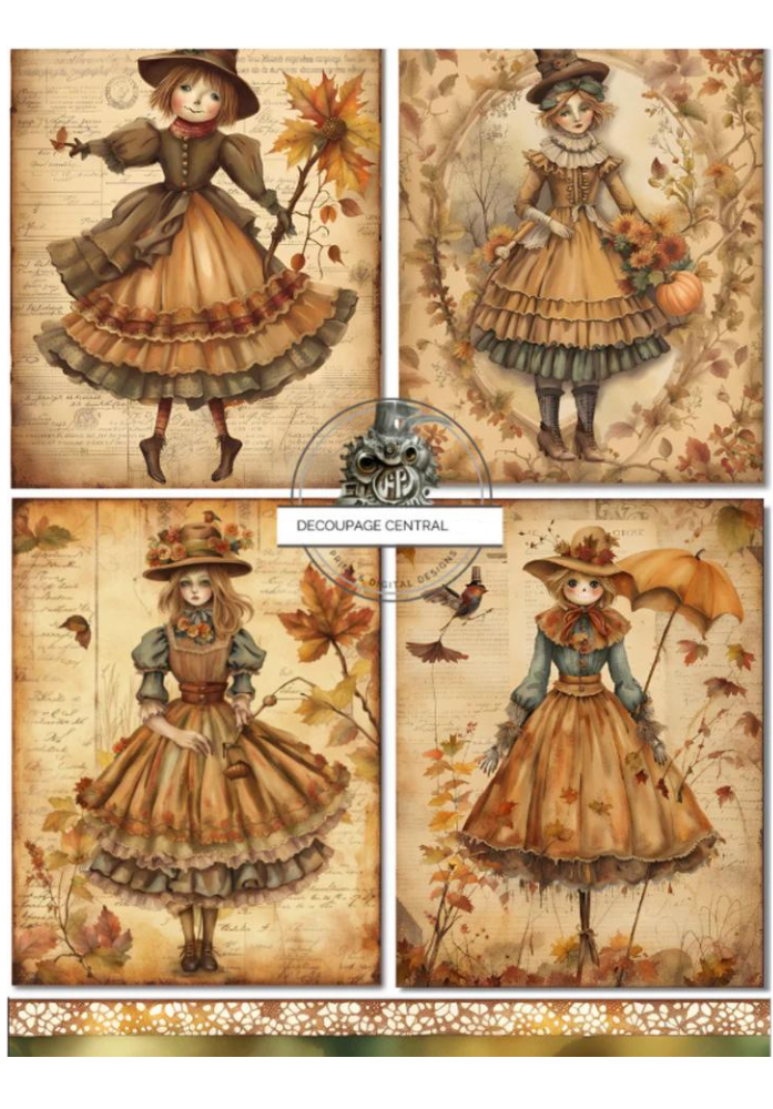 4 images of female scarecrows. A4 size Decoupage Paper from Decoupage Central for DIY Crafts and mixed media art.