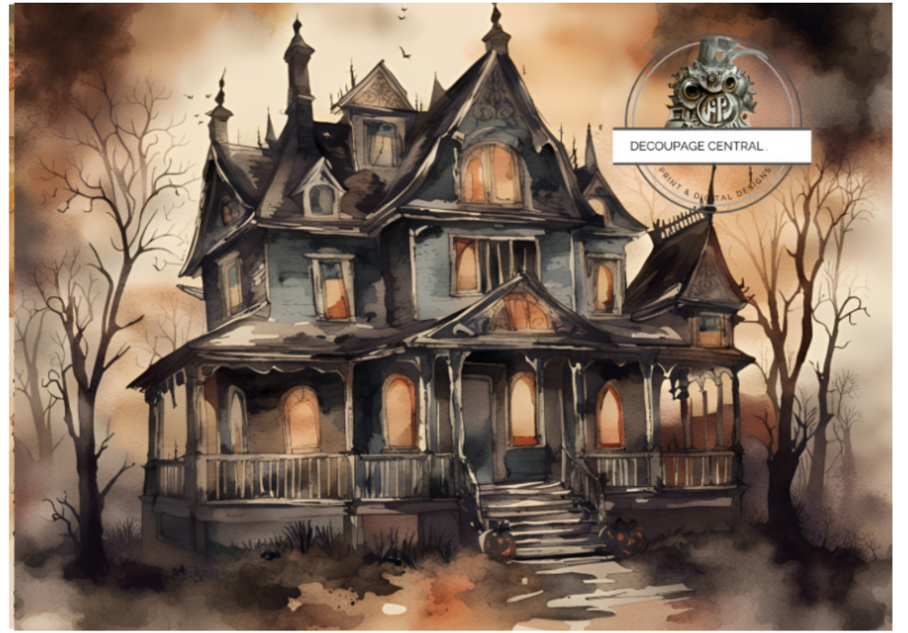 Halloween house, black and orange tones. A4 size Decoupage Paper from Decoupage Central for DIY Crafts and mixed media art.