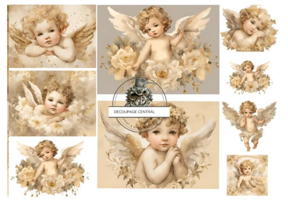 Multiple child angels. Vintage. A4 size Decoupage Paper from Decoupage Central for DIY Crafts and mixed media art.
