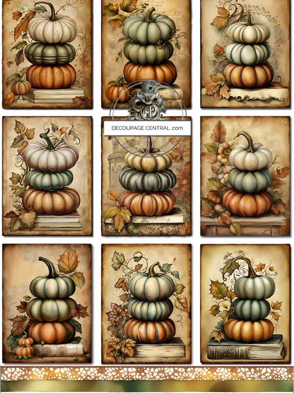 Nine images of three stacked tan, green and orange pumpkins in vintage style. A4 rice paper by Decoupage Central.