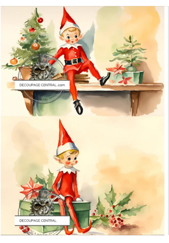 A cute little elf dressed in santa red suit sitting on a brown shelf with green trees and brown books Decoupage Central Decoupage Rice Paper