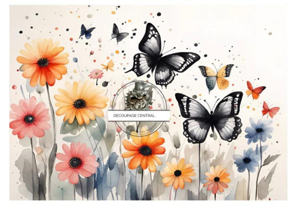 Black and white butterflies and spring flowers. A4 size Decoupage Paper from Decoupage Central for DIY Crafts and mixed media art.