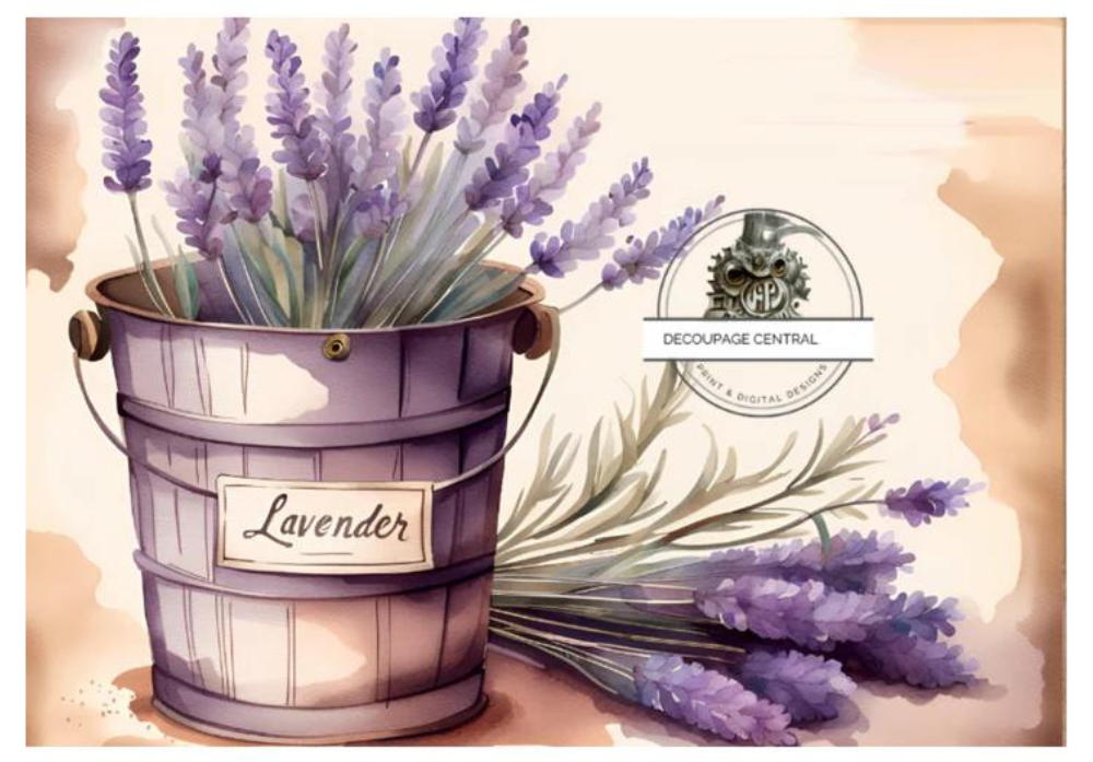 Lavender flowers in wood barrel. A4 size Decoupage Paper from Decoupage Central for DIY Crafts and mixed media art.