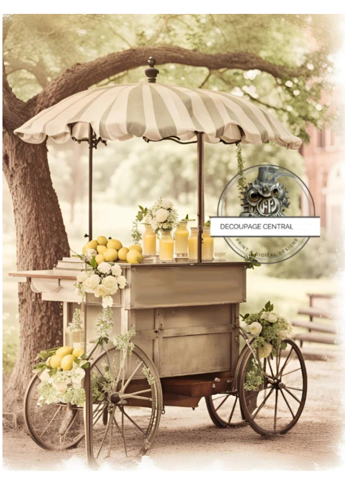 Lemonade stand under tree. A4 size Decoupage Paper from Decoupage Central for DIY Crafts and mixed media art.