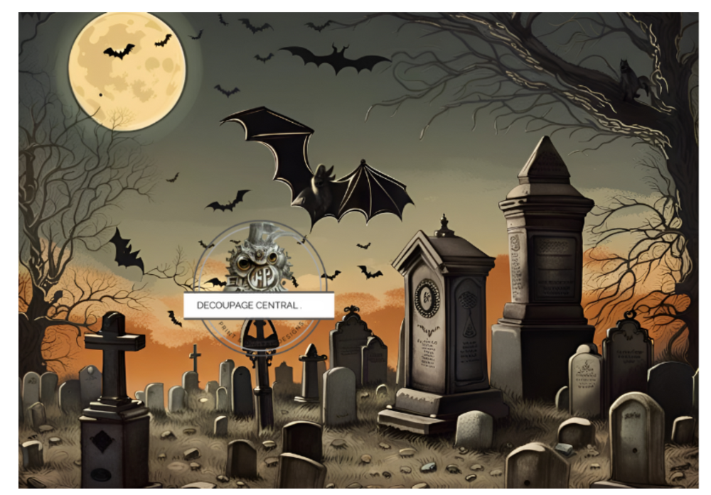 Halloween bats in cemetary. A4 size Decoupage Paper from Decoupage Central for DIY Crafts and mixed media art.