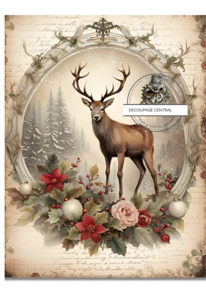 Deer stage in flowery frame. A4 size Decoupage Paper from Decoupage Central for DIY Crafts and mixed media art.