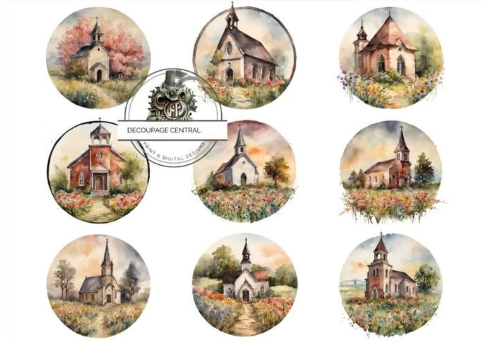 pastel colored country churches in Rounds Decoupage Central Decoupage Rice Paper