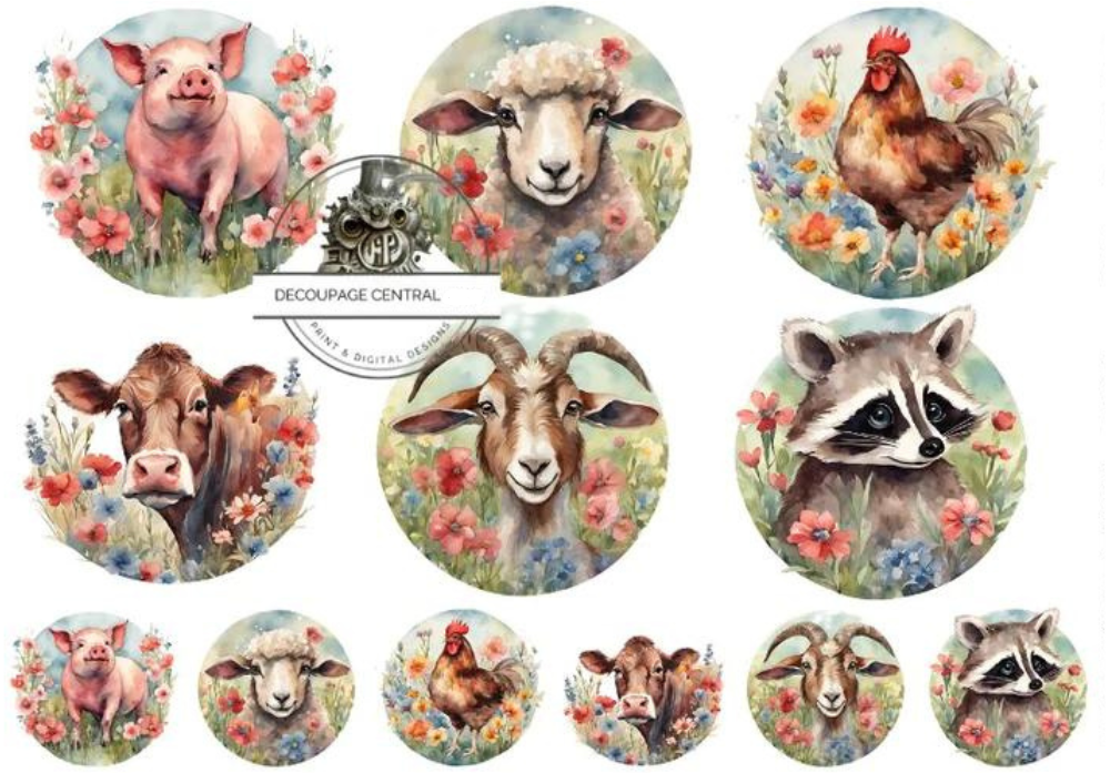 circles of farm animals in pastel colors Decoupage Central Decoupage Rice Paper