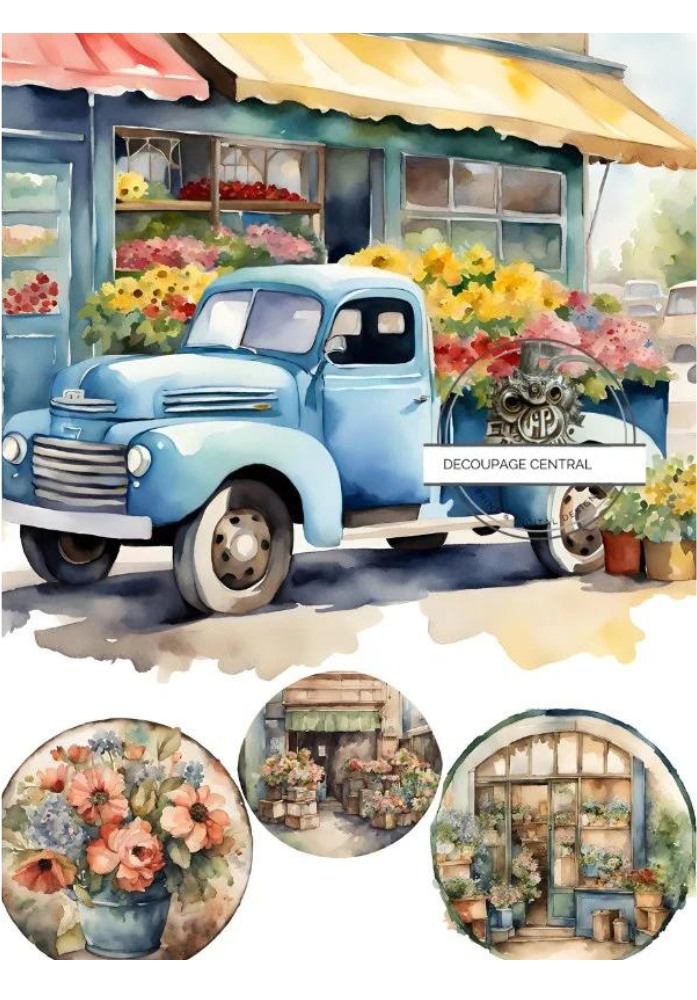 Blue truck with Flowers  and rounds of flowers in store Country Store Shelves Decoupage Central Decoupage Rice Paper