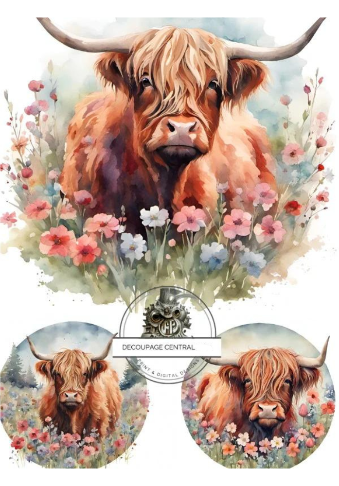 HIghland cow in flower spring flower fields rounds Decoupage Central Rice Paper