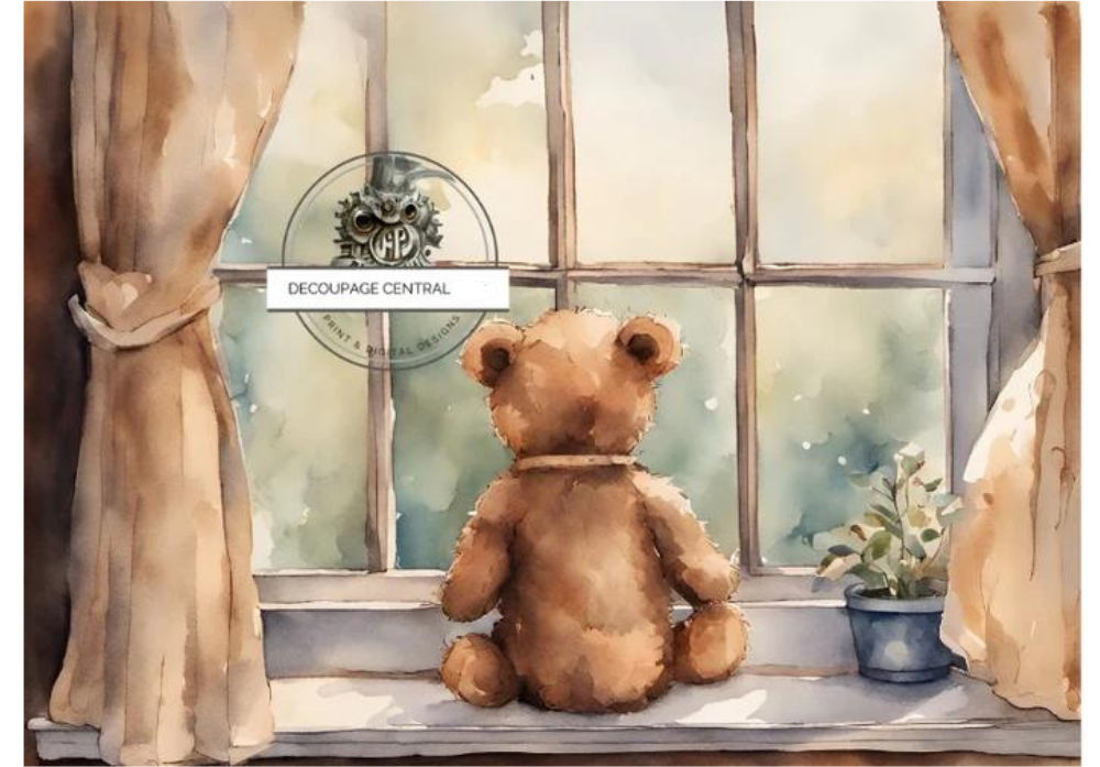 Stuffed brown teddy bear propped up to look out of window Decoupage Central Rice Paper