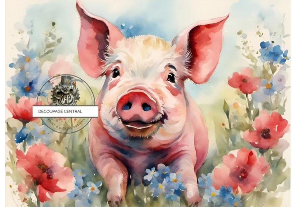 pink pig in spring flowers Decoupage Central Rice Paper