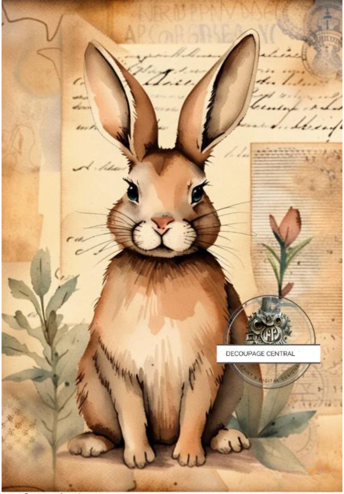 large bunny in sketch style on vintage sepia color parchment and script. Decoupage Central A4 Decoupage Paper for crafting.