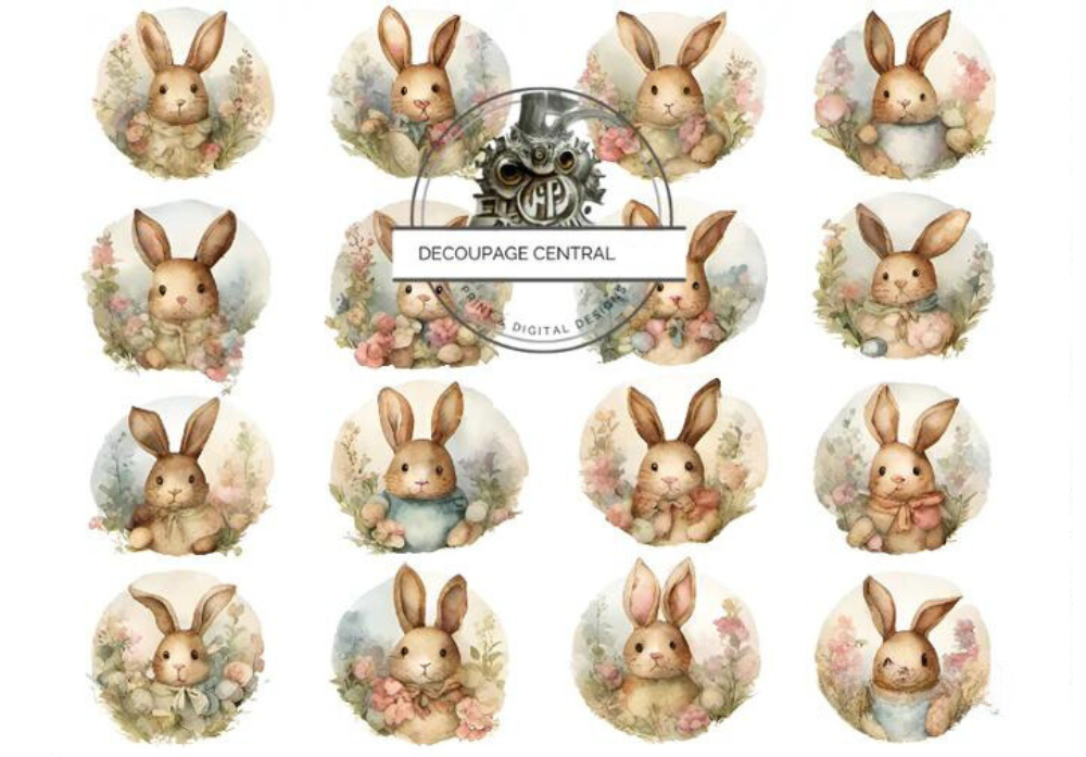 Sixteen circles with stuffed animal style bunnies and flowers. Decoupage Central A4 Decoupage Paper for crafting.