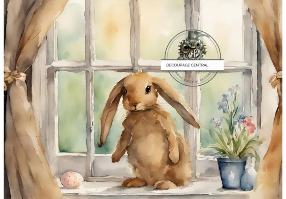 Brown water colored bunny in a window Decoupage Central Rice paper