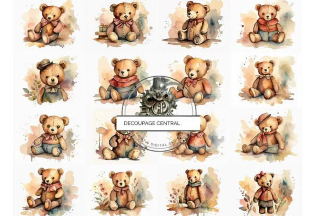 Sixteen images of small brown teddy bears. Decoupage Central rice paper.