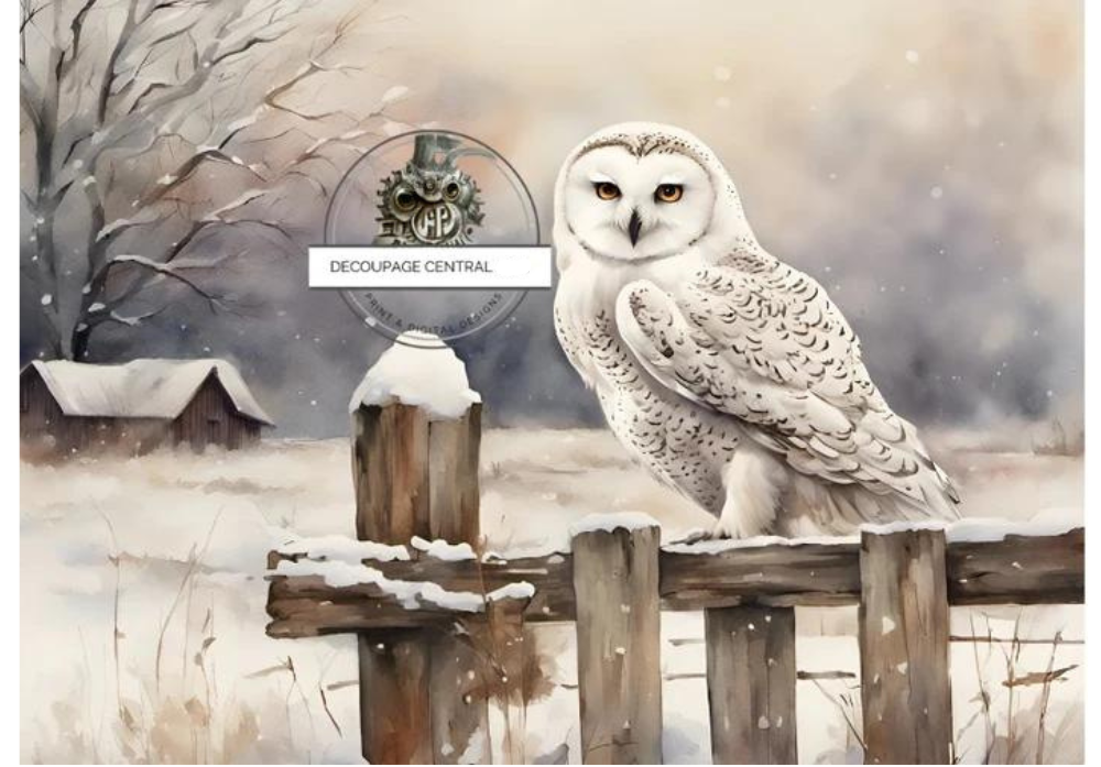 White snow owl on snowy fence on farm Decoupage Central Rice paper