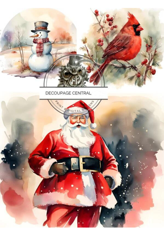Santa Vintage Snowman and Red Cardinal Decoupage Central Rice paper