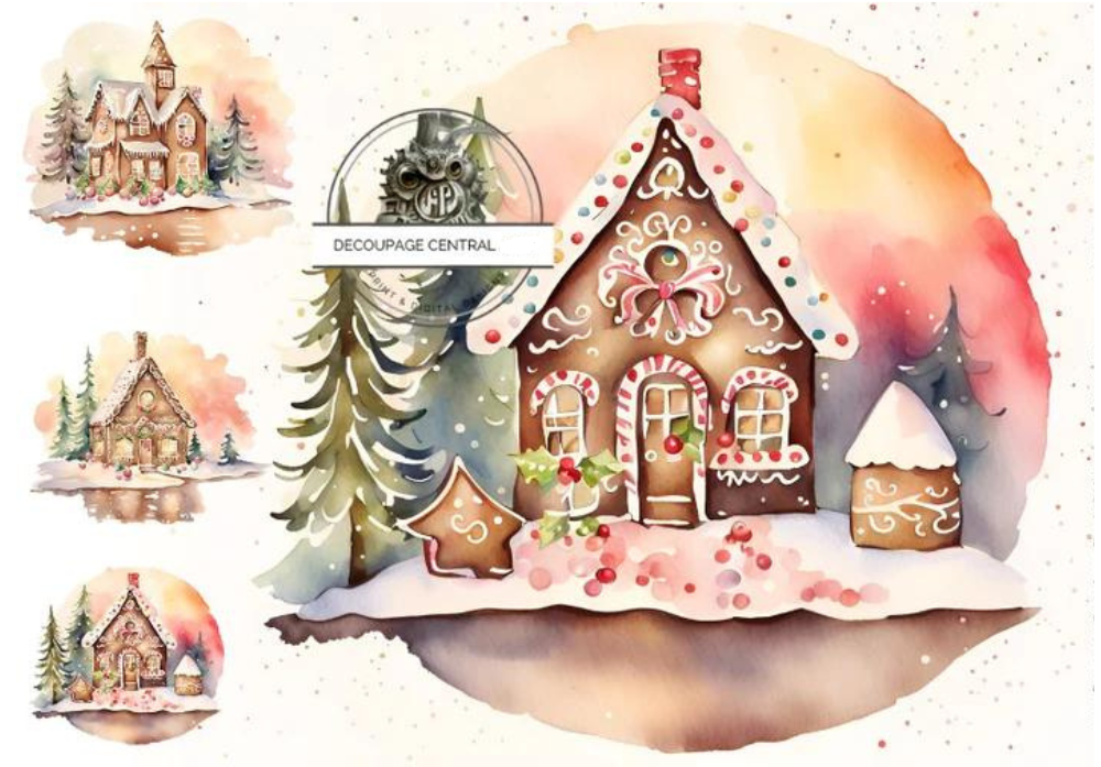 Gingerbread houses in pastels Decoupage Central Rice Paper