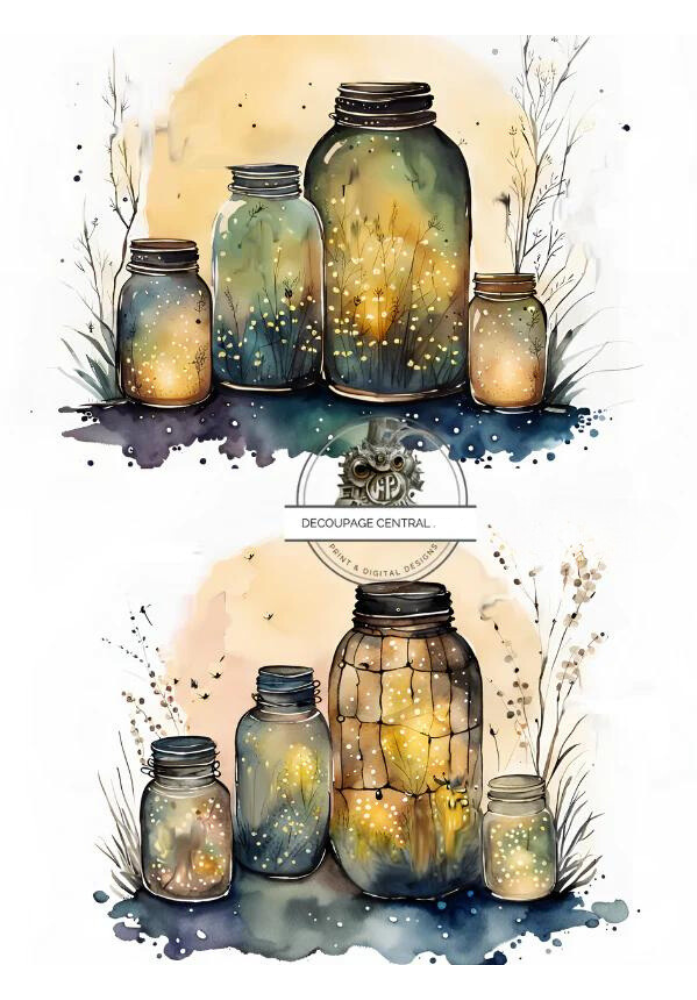 Two images of mason jars with golden orange fireflies. Decoupage Central rice paper.