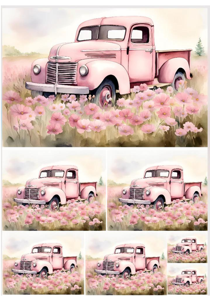 7 images of a pink truck in a field of pink flowers. This delicate yet durable rice paper from Decoupage Central showcases vibrant, exquisite color and image quality