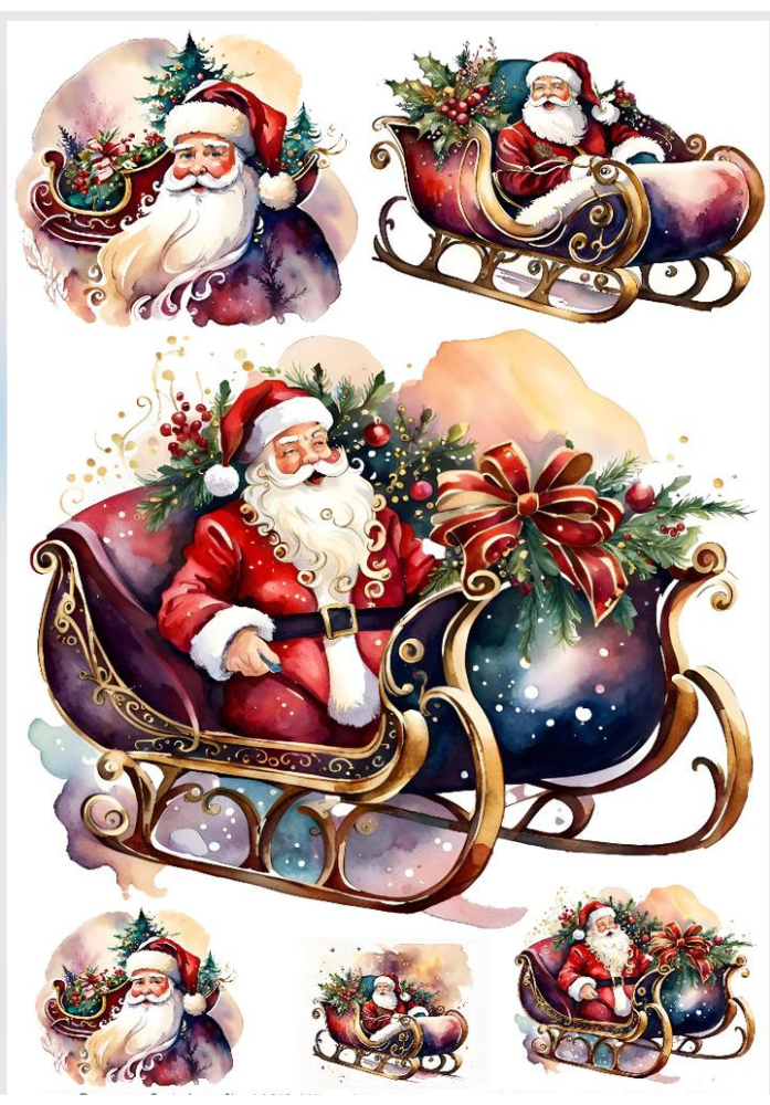 6 images of Santa in sleigh. This delicate yet durable rice paper from Decoupage Central showcases vibrant, exquisite color.