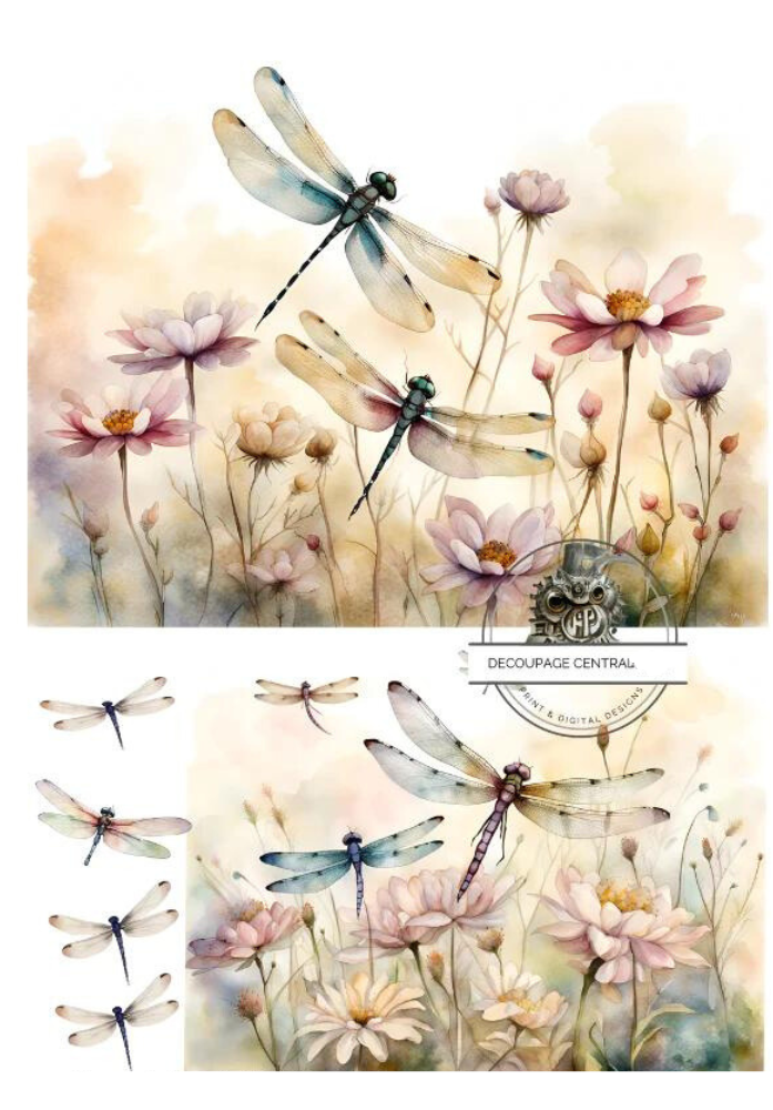 Multiple images of pink and blue dragonflies in fields of pink and peach flowers, printed on decoupage paper.