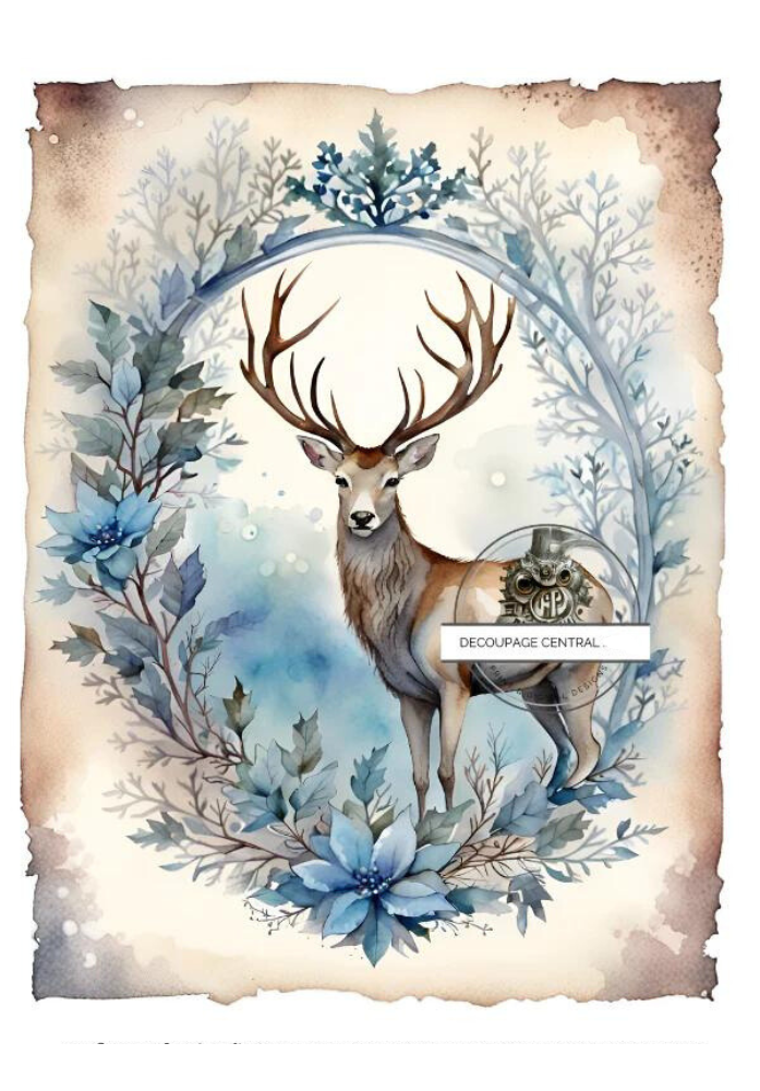 Stag deer encircled in wreath with blue poinsettias printed on decoupage paper.