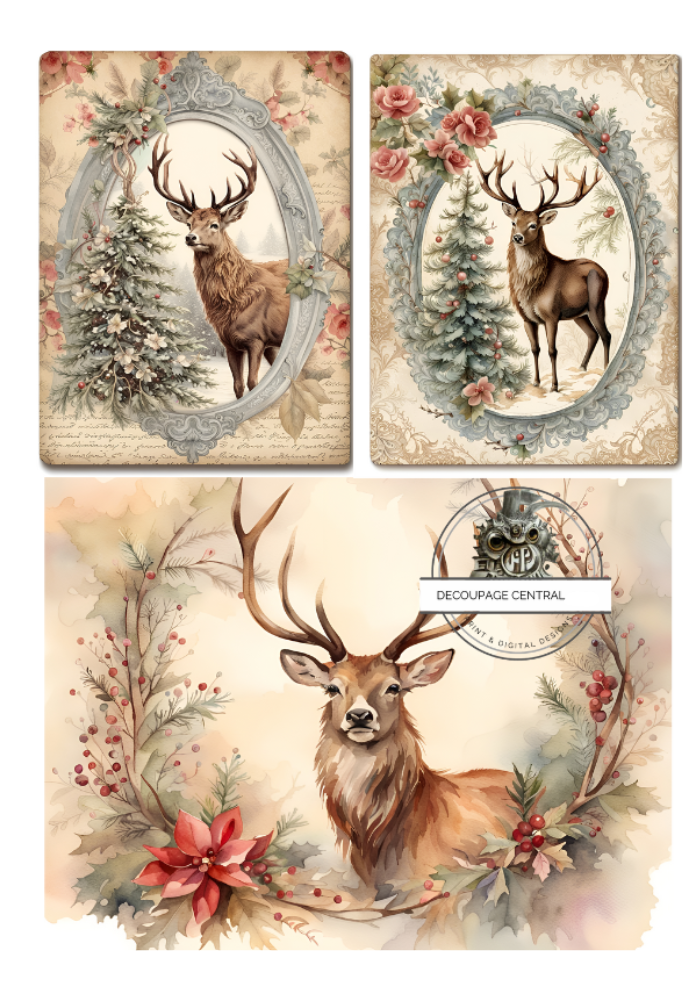 3 Images of Deer in Frame and wreath with Christmas trees pink roses and poinsettia.
