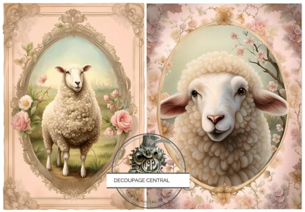 Two images of sheep in an oval frame with pink roses printed on Decoupage Paper.