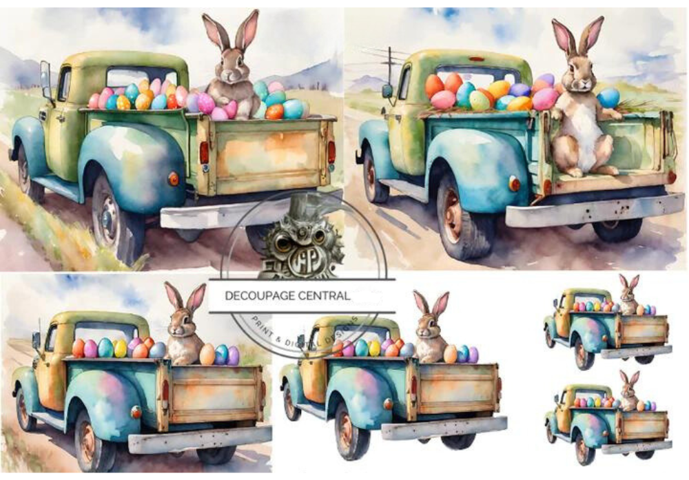 Six images of bunny in vintage blue truck with colored eggs. Decoupage Central A4 Decoupage Paper for crafting.