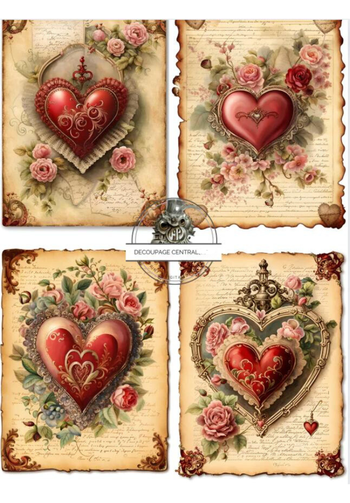 Four images of red vintage hearts. Decoupage Central rice paper.