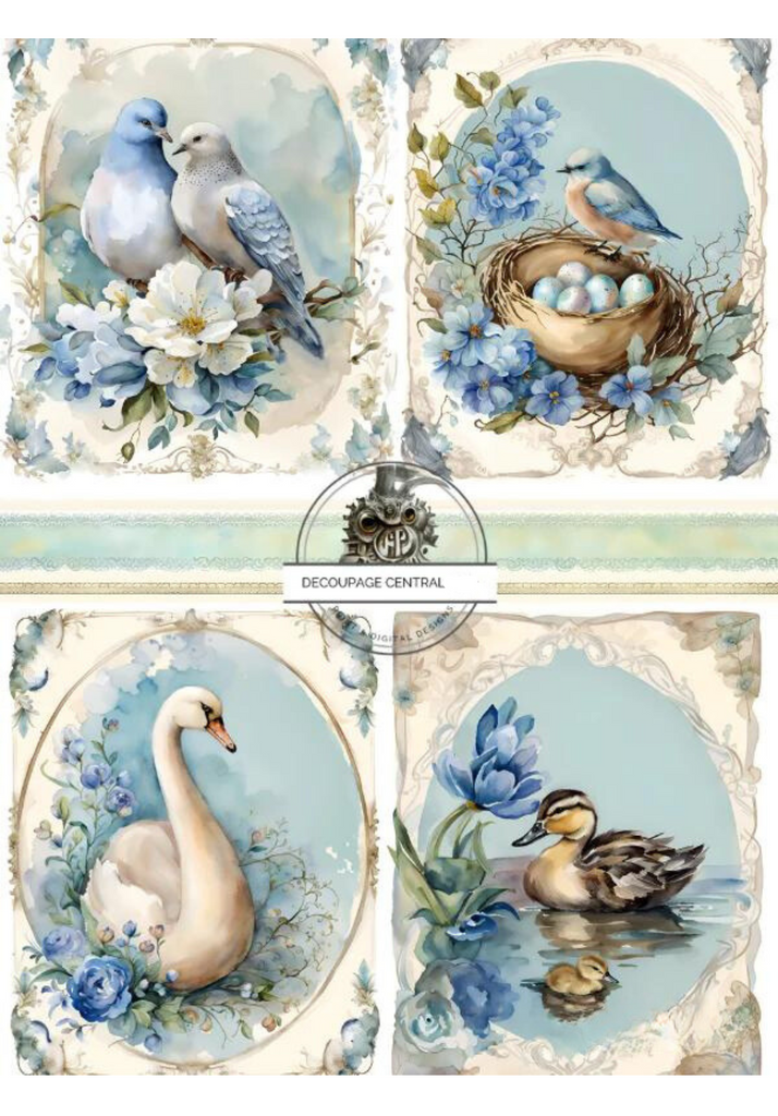 Four images of birds and nests with blue and white flowers. Decoupage Central A4 Decoupage Paper for crafting.