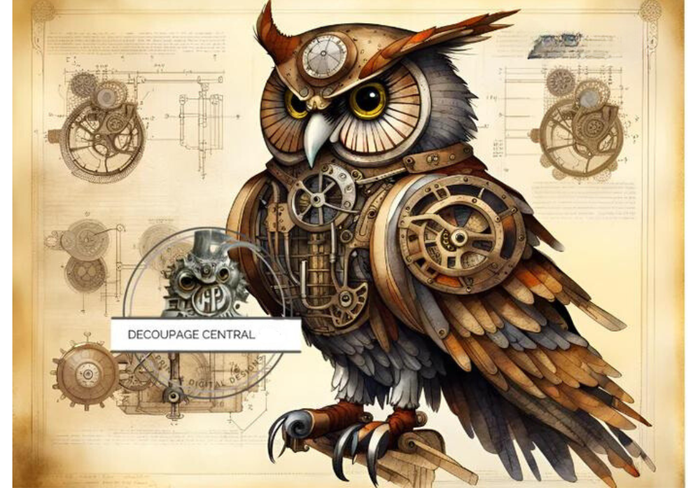 Steampunk owl with Gears and watch. Decoupage Central rice paper.