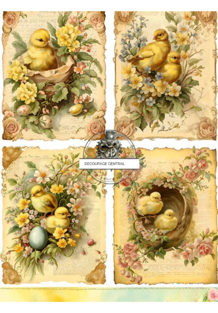 Four images of yellow baby chicks in baskets with flowers. Decoupage Central A4 Decoupage Paper for crafting.
