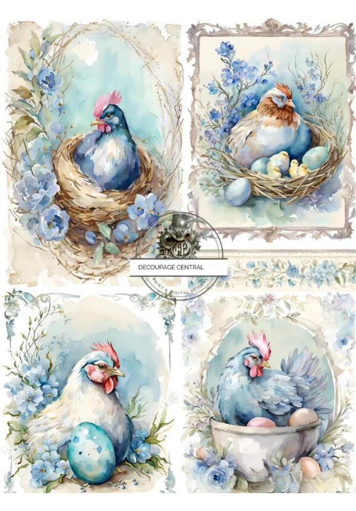 Four images of blue and white hens with colorful eggs. Decoupage Central A4 Decoupage Paper for crafting.