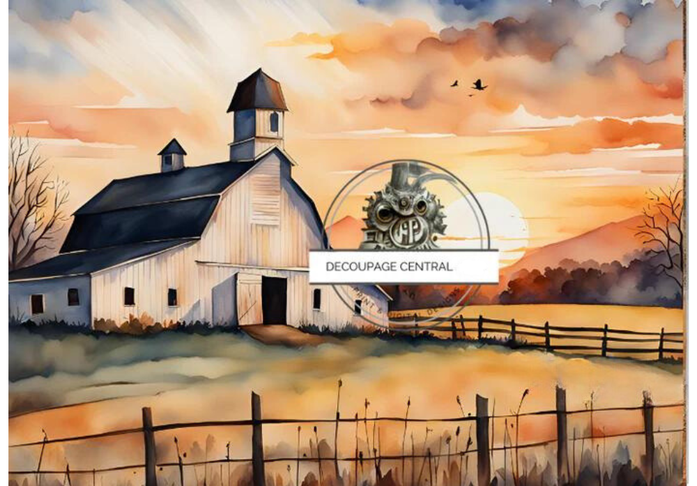 Sunset image of Amish farm with white barn. Decoupage Central rice paper.