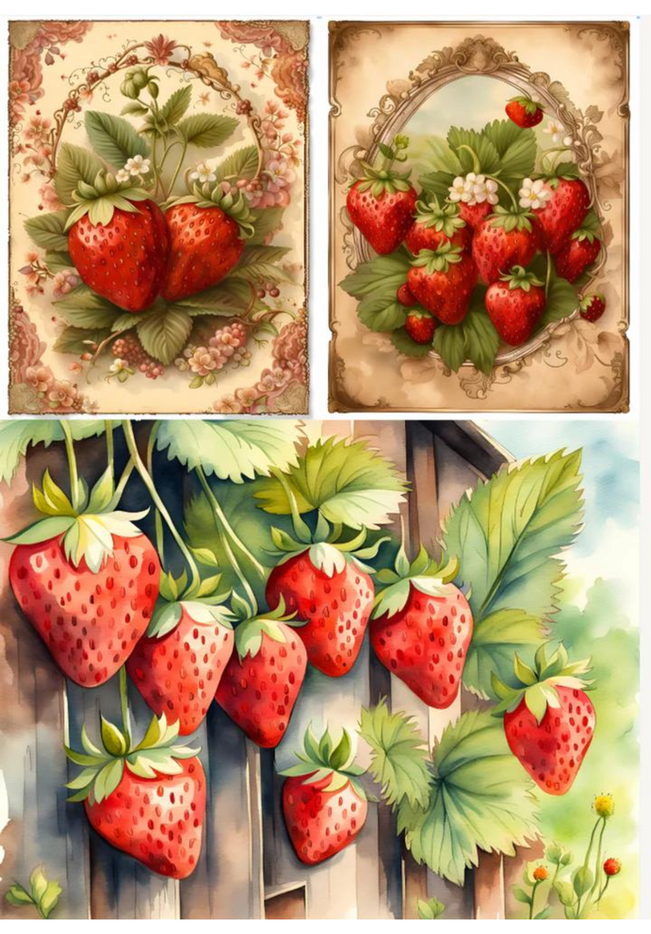 3 images of strawberries, two in wreaths and one in garden. Decoupage Central rice paper.