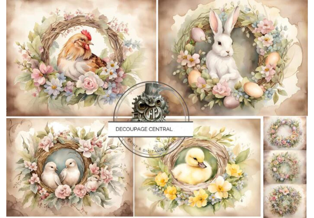 5 Images of animals in Spring wreaths. A hen, bunny, birds and duck. Decoupage Central A4 Decoupage Paper for crafting.