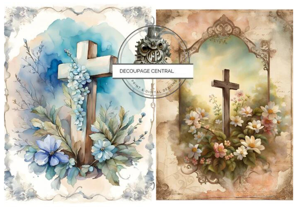 Two images of crosses with blue and pink flowers. Decoupage Central A4 Decoupage Paper for crafting.