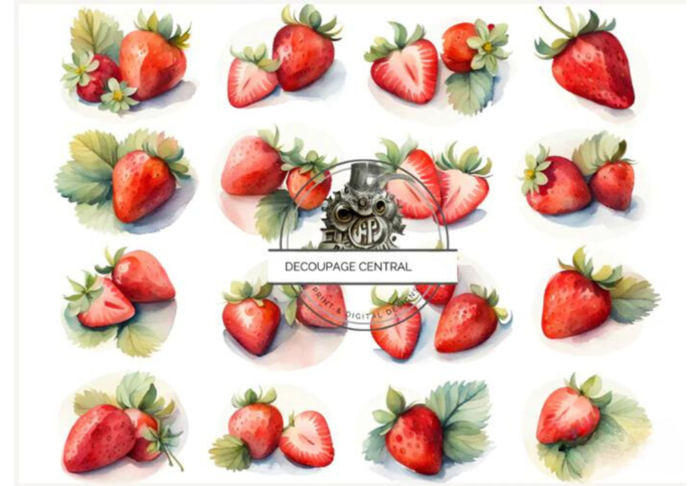 16 red, leafy strawberry images. Decoupage Central rice paper.