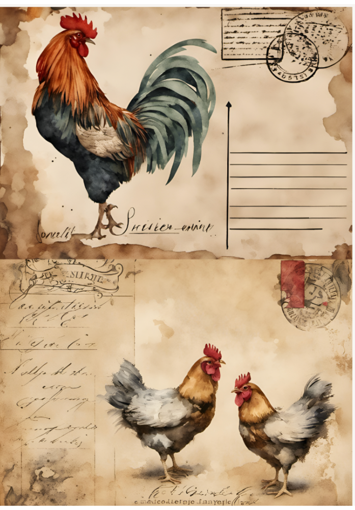 Rooster and Hens on sepia background with postcard images. Decoupage Central rice paper.