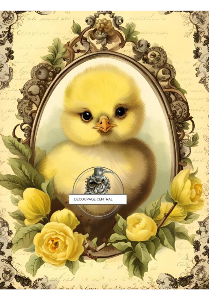 A yellow chick in picture frame with yellow roses. Decoupage Central A4 Decoupage Paper for crafting.