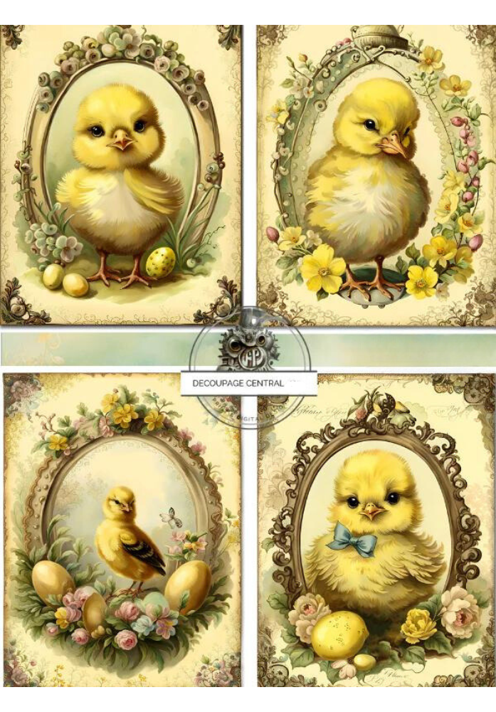 Four images of baby chicks in frames with yellow flowers. Decoupage Central A4 Decoupage Paper for crafting.